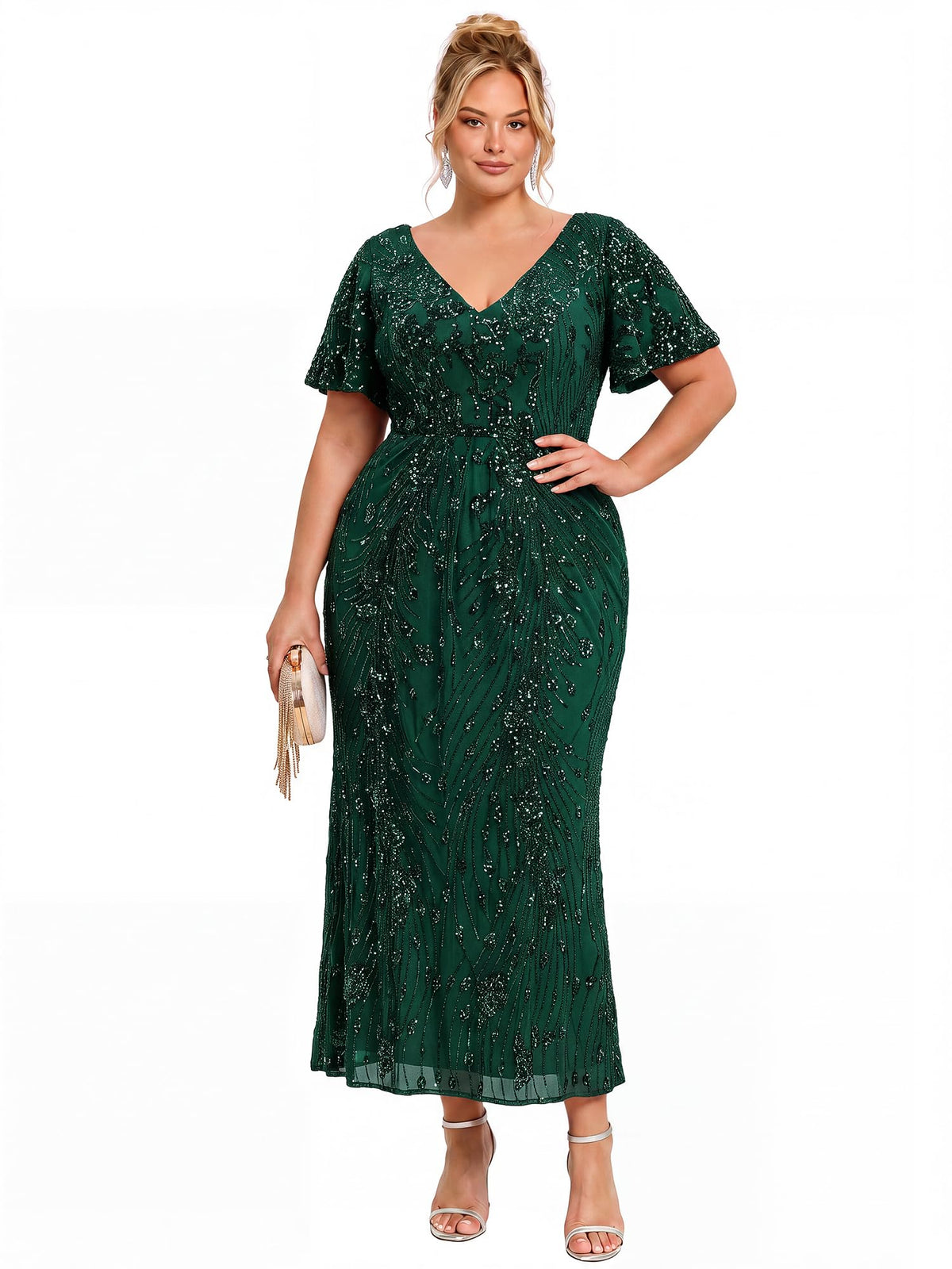 Elegant Plus Size Sequin V-Neck Flutter Sleeve Maxi Dress, Dark Green front
