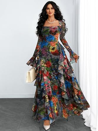 Romantic Floral Printed Long Bell-Sleeve Ruffle Flowy Maxi Dress-Free Shipping