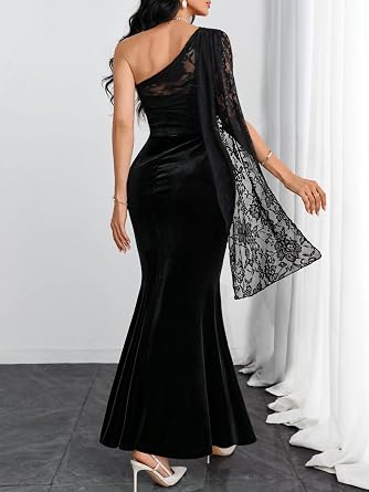 Elegant Black One-Shoulder Lace Cape Mermaid Bodycon Dress – Free Shipping