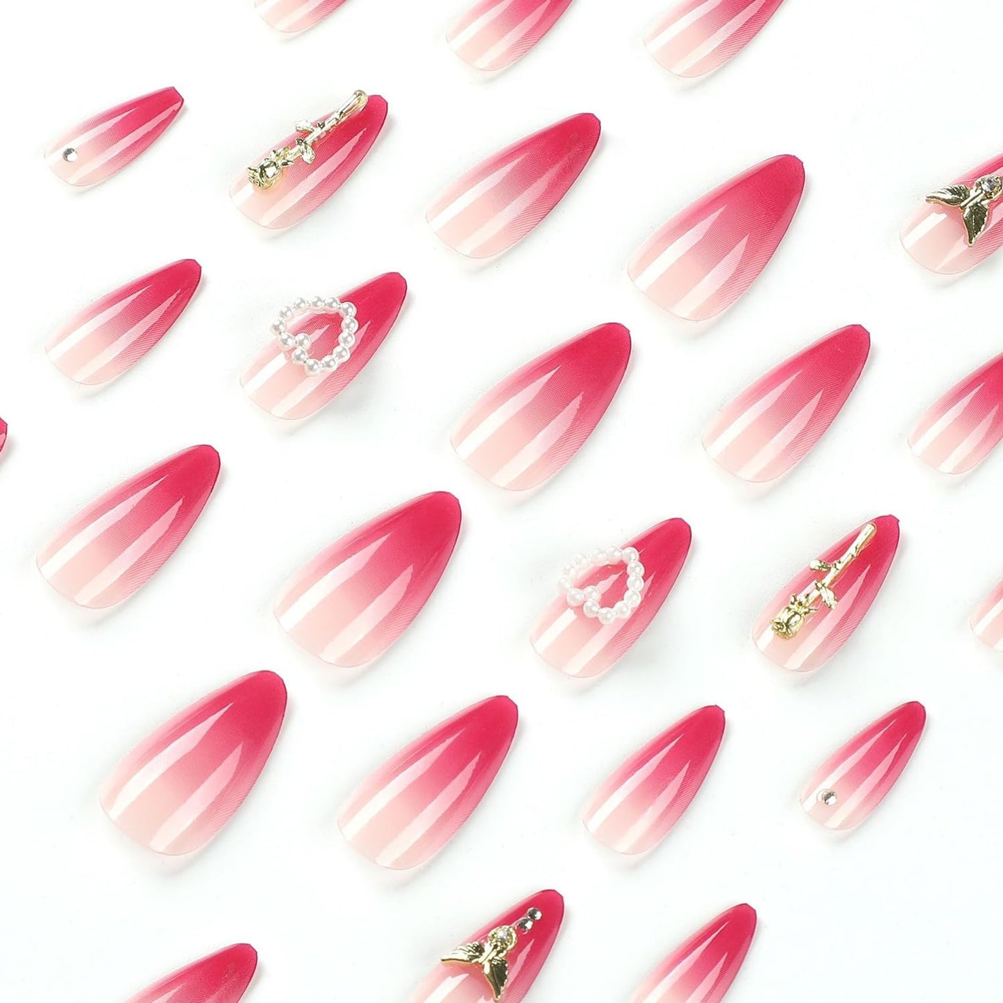 24PC Almond Glossy Press-On Nails - Medium Length, 3D Designs-Free Shipping