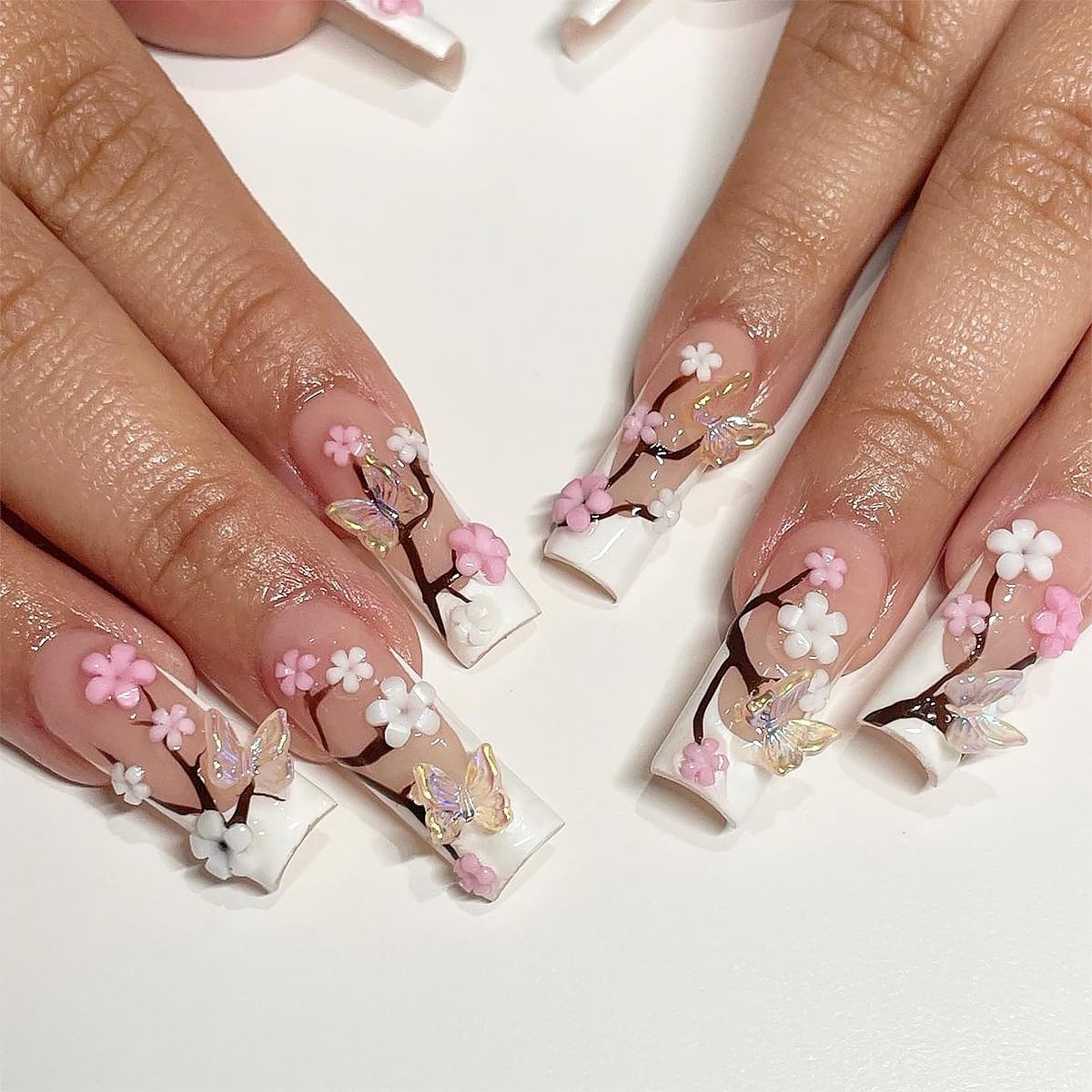 Elegant Long Square Press On Nails with 3D Flower and Butterfly Design - Glossy French Tip-Free Shipping