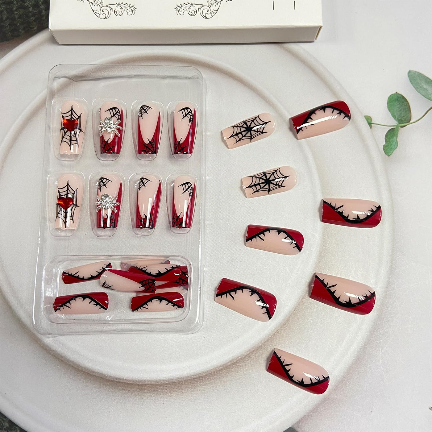 Red Heart Web Halloween Press On Fake Nails, Long Square Acrylic Press-Ons, 24Pcs Set-Free Shipping