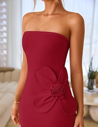 Elegant 3D Floral Applique Strapless Side Slit Bodycon Maxi Dress-Free Shipping