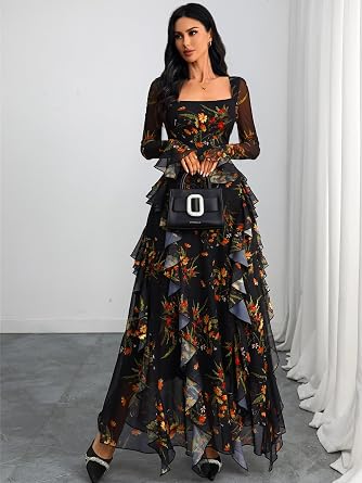 Beautiful Floral Printed Long Bell-Sleeve Ruffle Flowy Maxi Dress-Free Shipping
