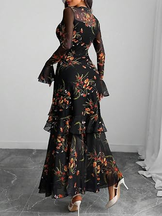 Stunning Printed Bell Sleeve Tiered Ruffle Maxi Dress-Free Shipping