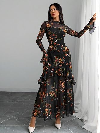 Stunning Printed Bell Sleeve Tiered Ruffle Maxi Dress-Free Shipping