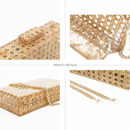 Elegant Women’s Rattan Acrylic Clutch-Versatile Bag with Detachable Chain-Free Shipping