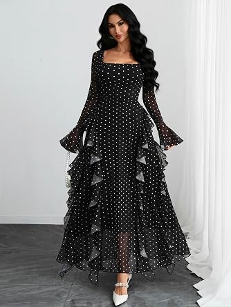 Beautiful Floral Printed Long Bell-Sleeve Ruffle Flowy Maxi Dress-Free Shipping