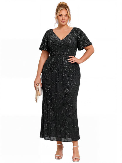 Stunning Plus Size Sequin V-Neck Flutter Sleeve Maxi Dress, Black front