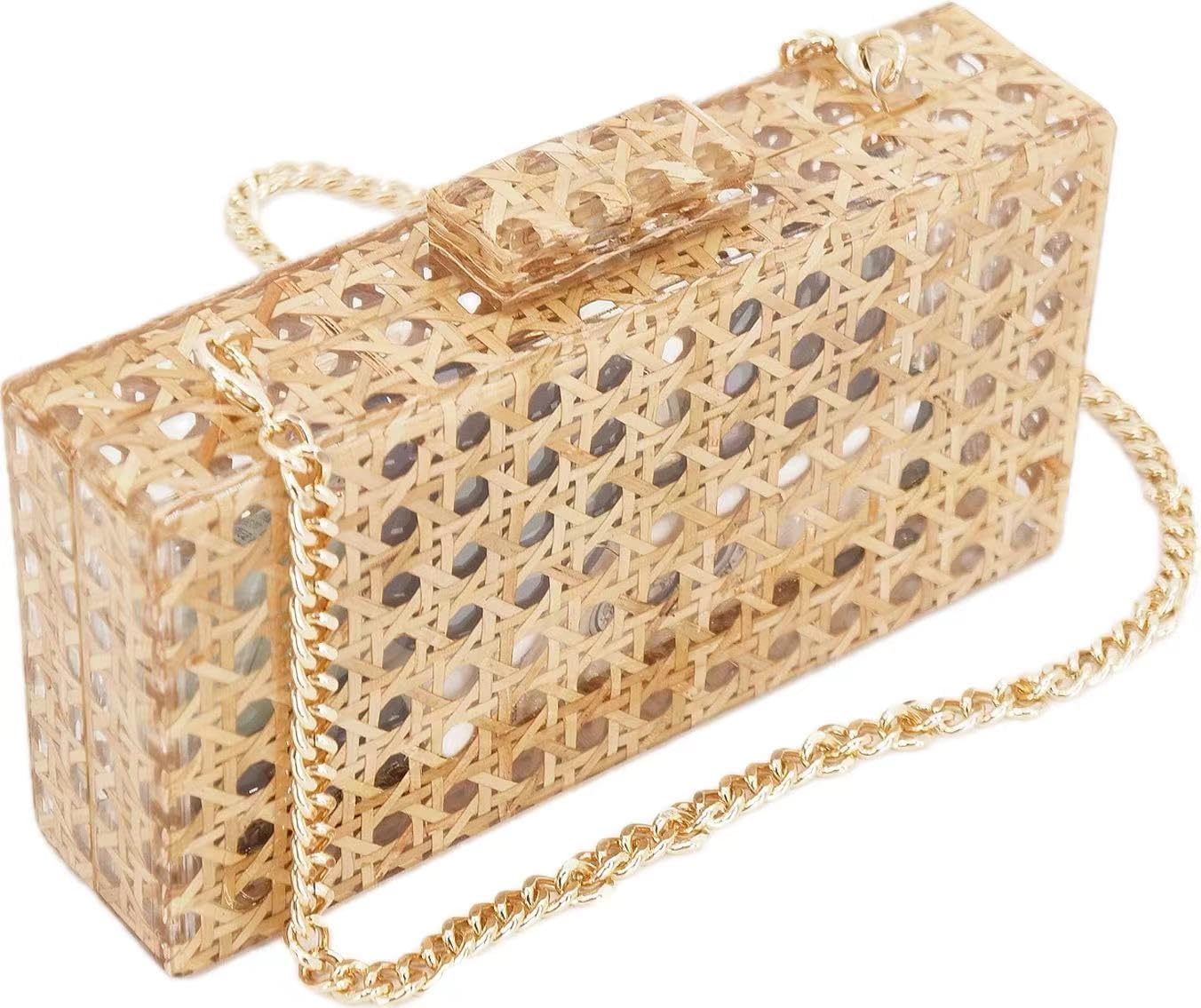 Elegant Women’s Rattan Acrylic Clutch-Versatile Bag with Detachable Chain-Free Shipping