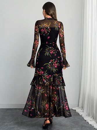 Beautiful Printed Bell Sleeve Tiered Ruffle Maxi Dress-Free Shipping
