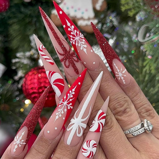 Glitter Christmas Snowflake French Stiletto Press-On Nails Acrylic Fake Nails-Free Shipping