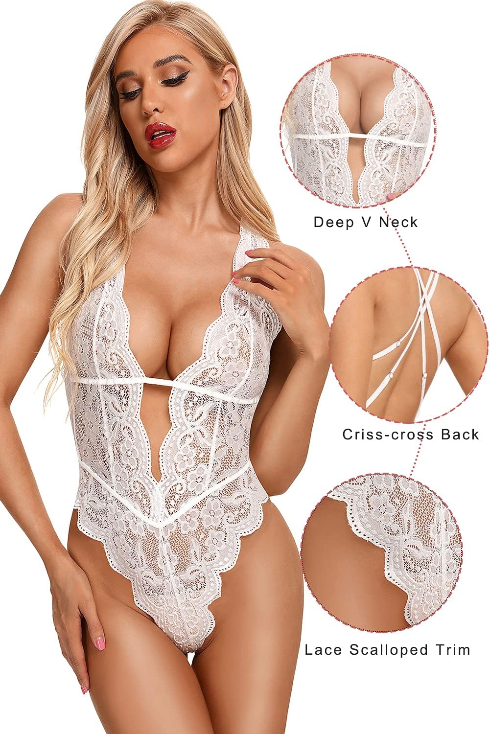 Sexy Hollow Out Floral Lace Bodysuit - Women's Deep V Teddy Babydoll Lingerie- Free Shipping