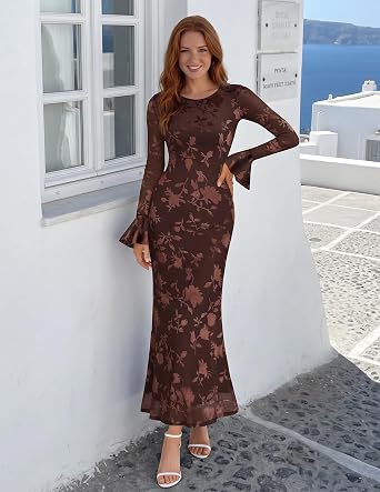 Timeless Floral Print Long Bell Sleeve Bodycon Maxi Dress-Free Shipping