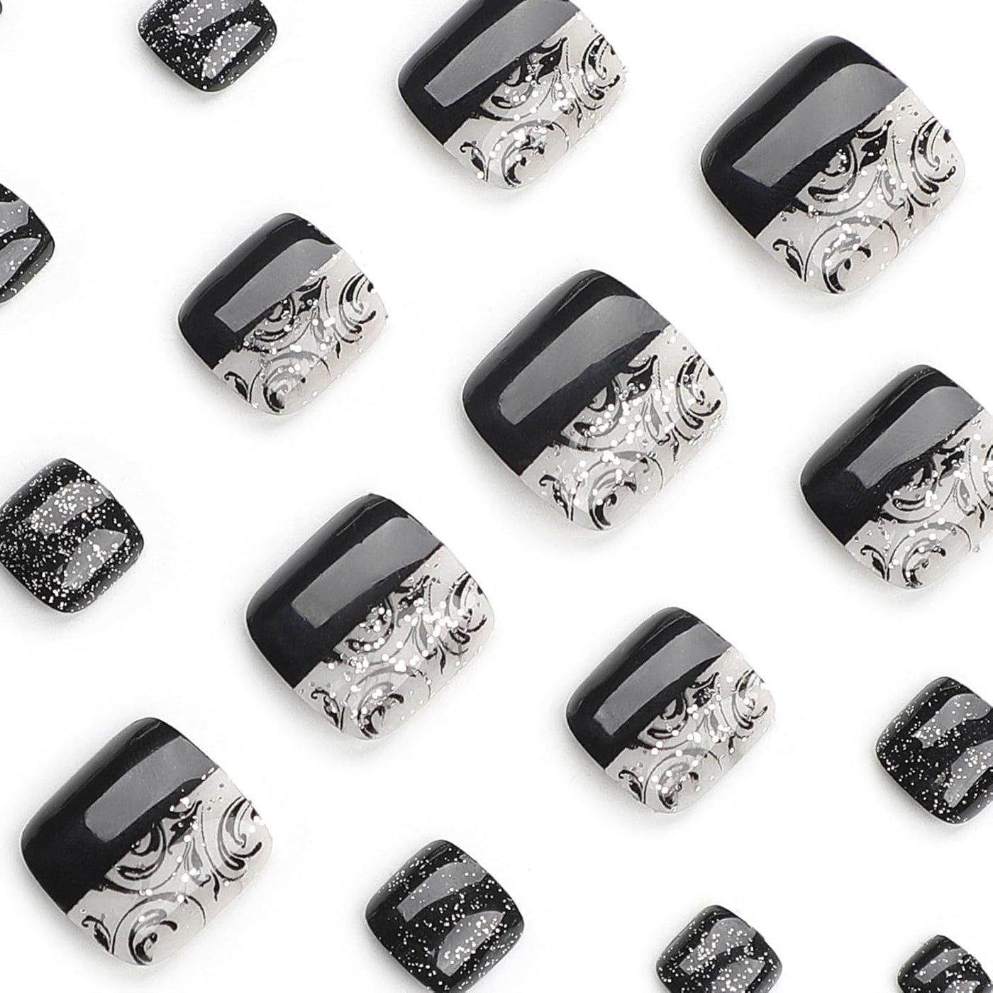 Chic Design Press On Fake Toenails, 24Pcs Square Shape, Glitter and Glossy Full Cover Acrylic-Free Shipping