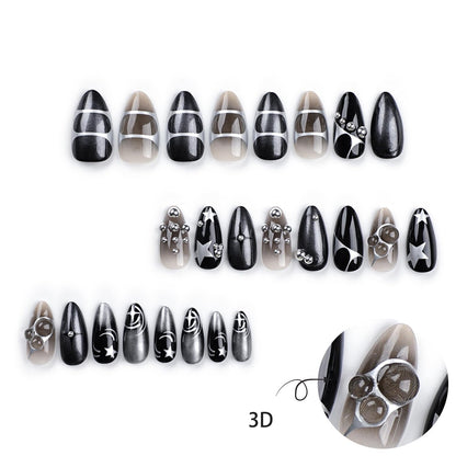 24PC Almond Glossy Press-On Nails - Medium Length, 3D Designs-Free Shipping