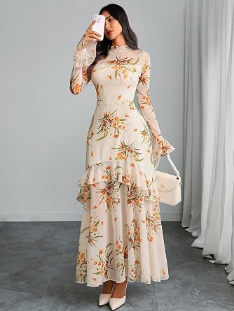 Beautiful Printed Bell Sleeve Tiered Ruffle Maxi Dress-Free Shipping
