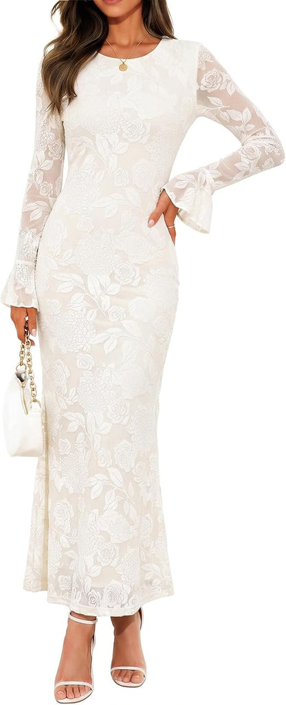 Romantic Floral Print Long Bell Sleeve Bodycon Maxi Dress-Free Shipping
