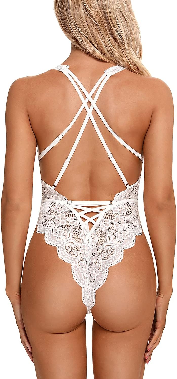 Sexy Hollow Out Floral Lace Bodysuit - Women's Deep V Teddy Babydoll Lingerie- Free Shipping