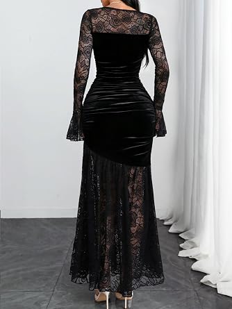 Refined Black 3D Floral Lace Long Sleeve Ruched Mermaid Evening Dress-Free Shipping