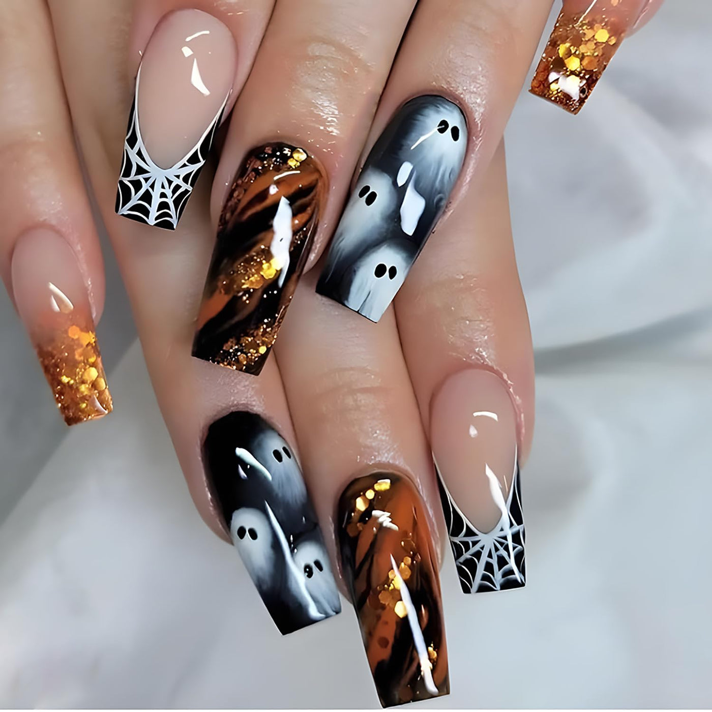 Ghost Glitter Halloween Press On Fake Nails, Long Square Acrylic Press-Ons, 24Pcs Set-Free Shipping