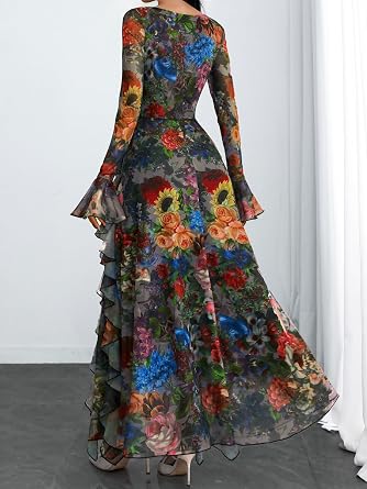 Romantic Floral Printed Long Bell-Sleeve Ruffle Flowy Maxi Dress-Free Shipping