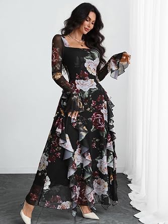 Beautiful Floral Printed Long Bell-Sleeve Ruffle Flowy Maxi Dress-Free Shipping
