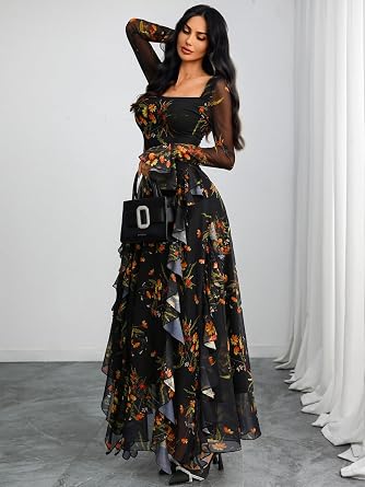 Beautiful Floral Printed Long Bell-Sleeve Ruffle Flowy Maxi Dress-Free Shipping