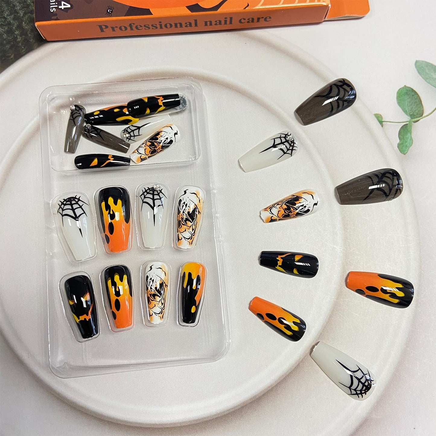 Scary Pumpkin Web Halloween Press On Fake Nails, Long Square Acrylic Press-Ons, 24Pcs Set-Free Shipping