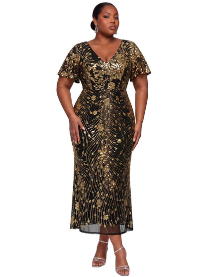 Elegant Plus Size Sequin V-Neck Flutter Sleeve Maxi Dress, Black Gold front