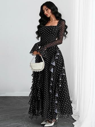 Beautiful Floral Printed Long Bell-Sleeve Ruffle Flowy Maxi Dress-Free Shipping