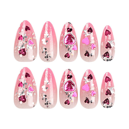 24PC Almond Glossy Press-On Nails - Medium Length, 3D Designs-Free Shipping