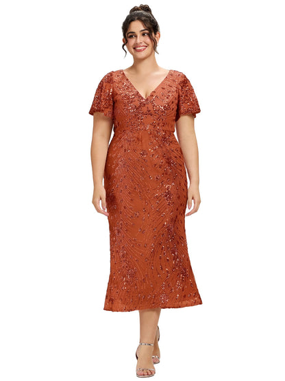 Elegant Plus Size Sequin V-Neck Flutter Sleeve Maxi Dress, Burnt Orange front