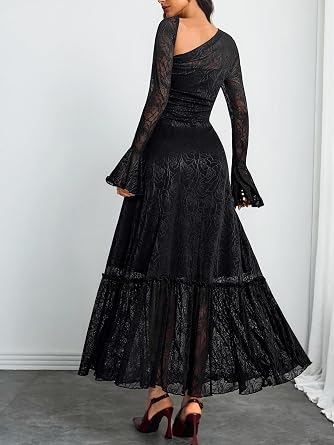Elegant Black Lace Asymmetric Shoulder Long Sleeve Flared A-Line Dress - Free Shipping