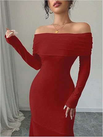 Refined Off-Shoulder Long Sleeve Open-Back Bodycon Mermaid Dress-Free Shipping