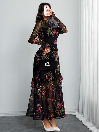 Beautiful Printed Bell Sleeve Tiered Ruffle Maxi Dress-Free Shipping