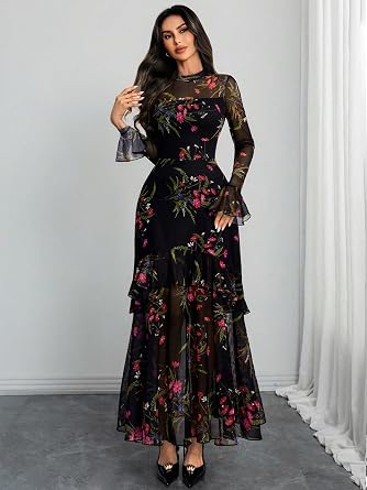 Beautiful Printed Bell Sleeve Tiered Ruffle Maxi Dress-Free Shipping