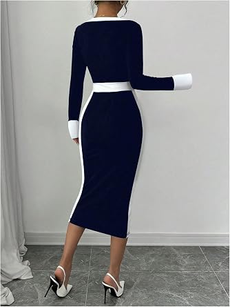 Glamorous White Trim Long Sleeve Bodycon Midi Dress-Free Shipping
