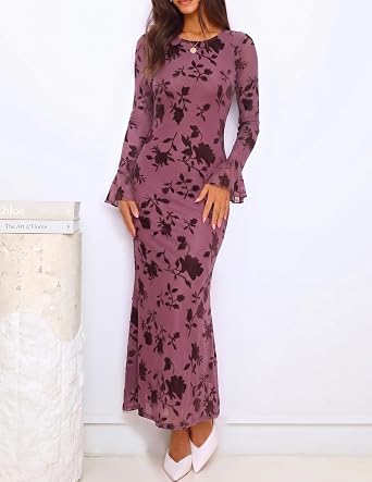 Romantic Floral Print Long Bell Sleeve Bodycon Maxi Dress-Free Shipping
