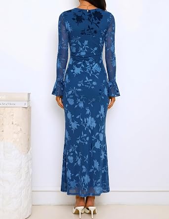 Timeless Floral Print Long Bell Sleeve Bodycon Maxi Dress-Free Shipping