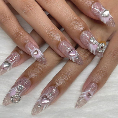 24PC Almond Glossy Press-On Nails - Medium Length, 3D Designs-Free Shipping