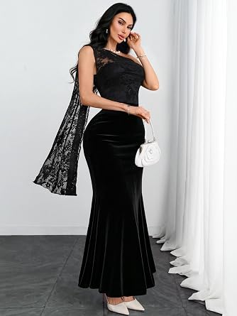 Elegant Black One-Shoulder Lace Cape Mermaid Bodycon Dress – Free Shipping