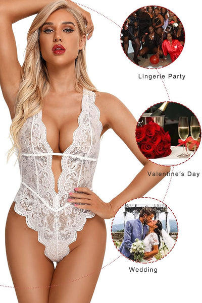 Sexy Hollow Out Floral Lace Bodysuit - Women's Deep V Teddy Babydoll Lingerie- Free Shipping