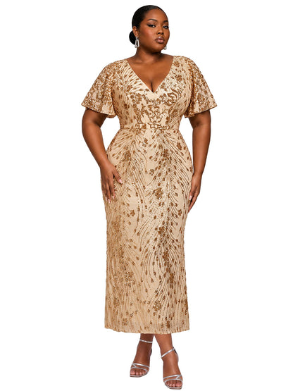 Stunning Plus Size Sequin V-Neck Flutter Sleeve Maxi Dress, Gold front