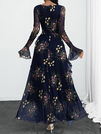 Beautiful Floral Printed Long Bell-Sleeve Ruffle Flowy Maxi Dress-Free Shipping