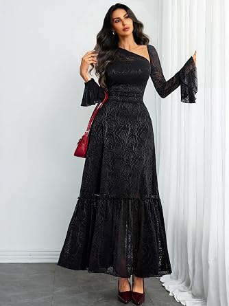 Elegant Black Lace Asymmetric Shoulder Long Sleeve Flared A-Line Dress - Free Shipping