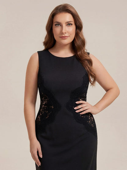 Elegant Plus Size Round Neck Sleeveless Colorblock Lace Maxi Dress, Black bodice close-up