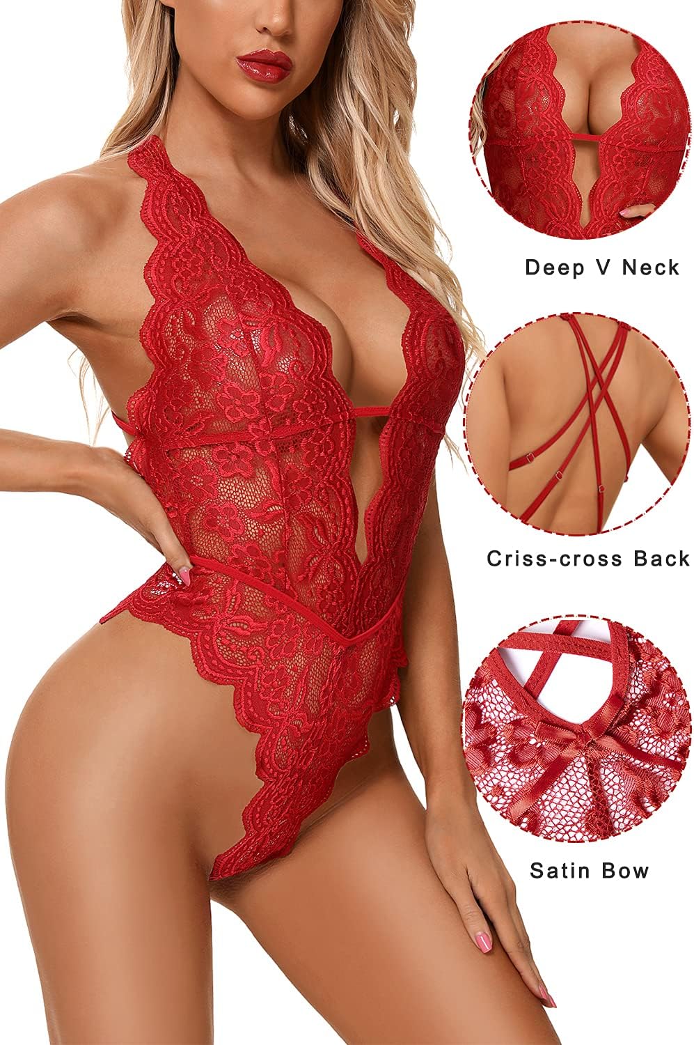 Sexy Hollow Out Floral Lace Bodysuit - Women's Deep V Teddy Babydoll Lingerie- Free Shipping