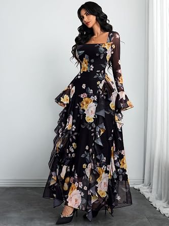 Romantic Floral Printed Long Bell-Sleeve Ruffle Flowy Maxi Dress-Free Shipping