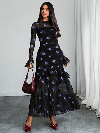 Beautiful Printed Bell Sleeve Tiered Ruffle Maxi Dress-Free Shipping